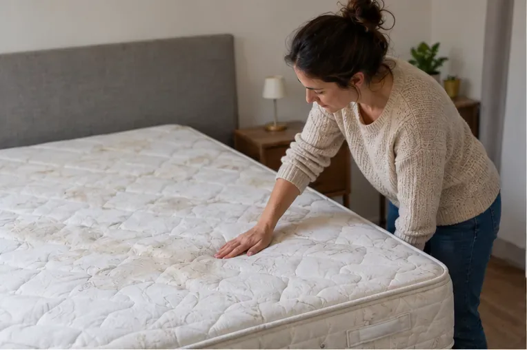 Une personne examine l’état d’un matelas usagé dans une chambre avant de choisir entre réemploi et recyclage