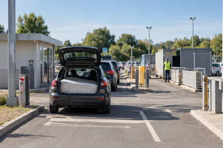 Une voiture contenant un matelas attend dans la file d’entrée d’une déchèterie avec plusieurs véhicules devant elle