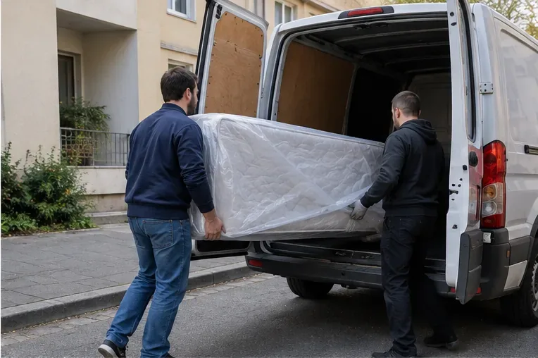 Deux personnes chargent un matelas protégé dans un fourgon blanc pour le transporter