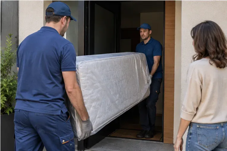 Deux livreurs transportent un matelas emballé à l’entrée d’un logement pendant qu’une cliente les regarde