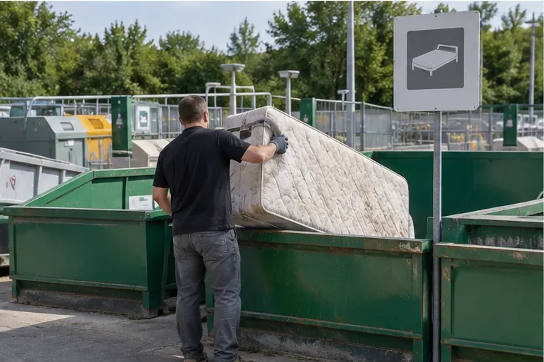 Un homme dépose un vieux matelas dans une benne dédiée aux déchets d’ameublement dans une déchèterie