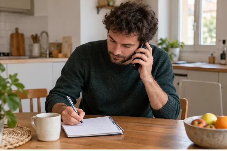 Un homme téléphone en prenant des notes dans un carnet à une table de cuisine.