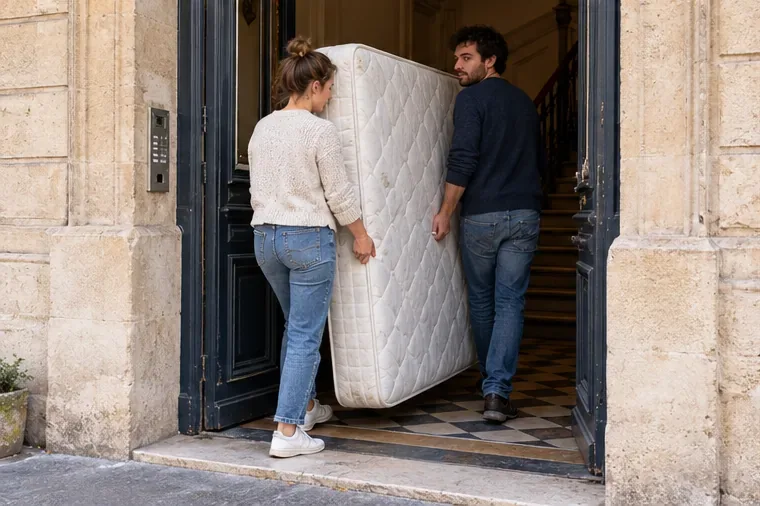 Deux adultes portent un matelas à la verticale dans l’entrée d’un immeuble.