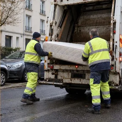 Deux agents en tenue de collecte chargent un matelas dans un camion au bord d’une rue résidentielle.