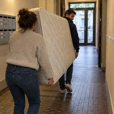 Deux adultes portent ensemble un matelas à la verticale dans le couloir d’un immeuble.
