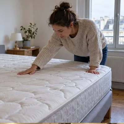 Une personne examine la surface claire d’un matelas posé sur un sommier afin d’en repérer les taches ou déchirures.