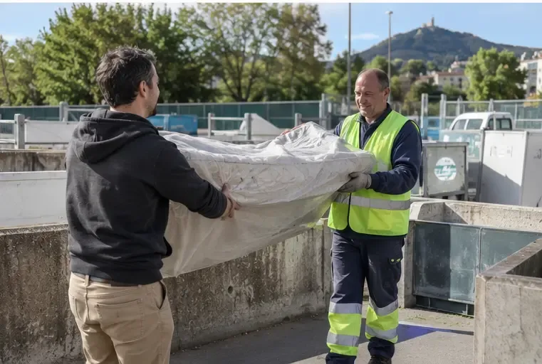 Habitant remettant un matelas protégé à un agent en gilet de sécurité dans une zone de dépôt
