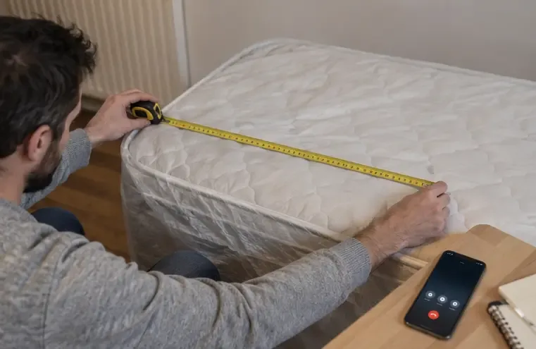 Habitant mesurant un matelas avec un mètre ruban et préparant un appel depuis son téléphone