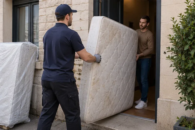 Deux hommes déplacent un matelas par l'entrée d'une habitation
