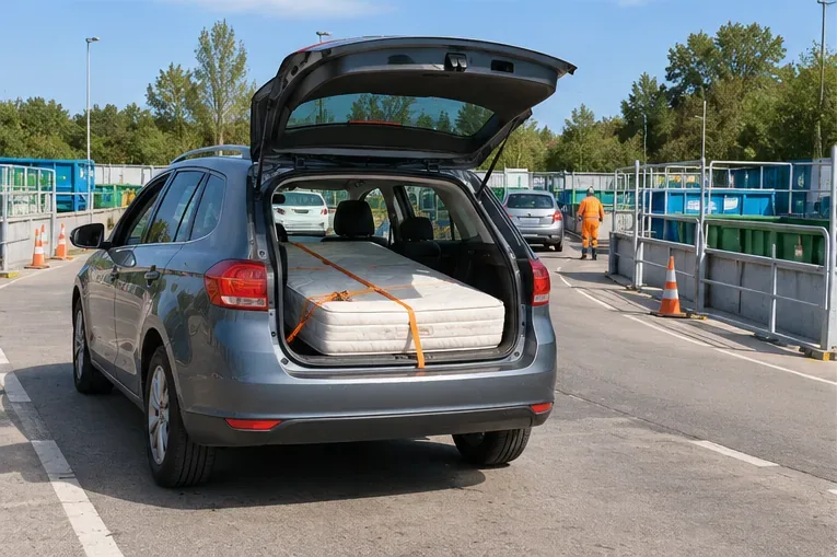 Un matelas attaché à l'intérieur du coffre ouvert d'une voiture dans une déchèterie