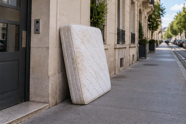 Un matelas posé verticalement contre une façade au bord d'un trottoir urbain