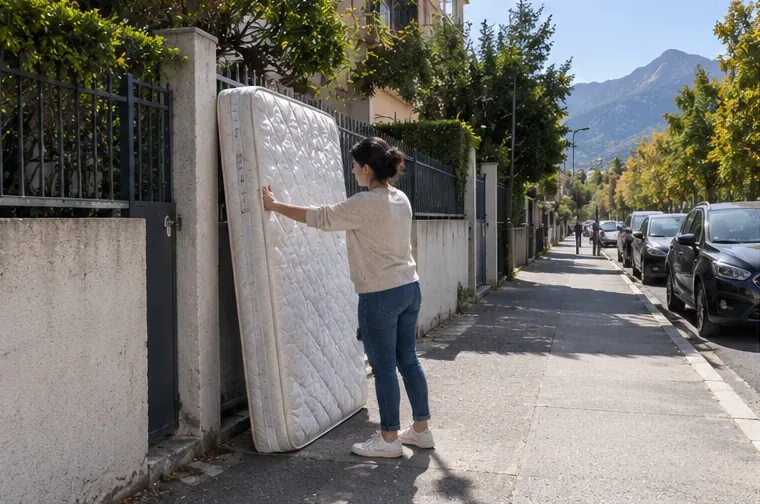 Une personne place un matelas devant son domicile sur un trottoir dégagé peu avant un rendez-vous de collecte.