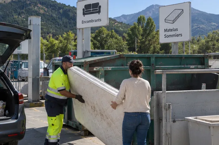 Un matelas est remis à un agent près de bennes signalées pour les encombrants et les matelas dans une déchèterie.