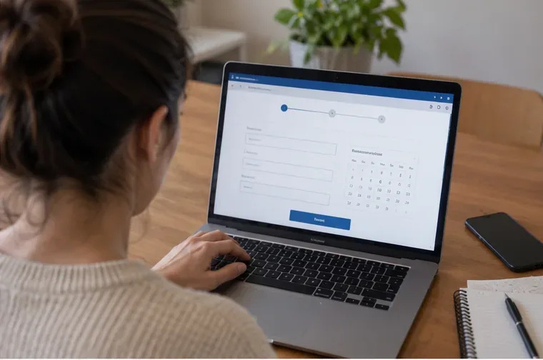 Une personne remplit sur un ordinateur portable un formulaire en ligne illustrant la demande de rendez-vous pour une collecte d’encombrants.