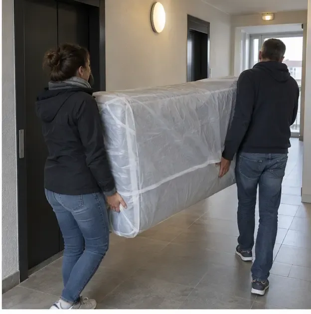 Deux personnes transportent un matelas protégé dans une housse dans le couloir d’un immeuble