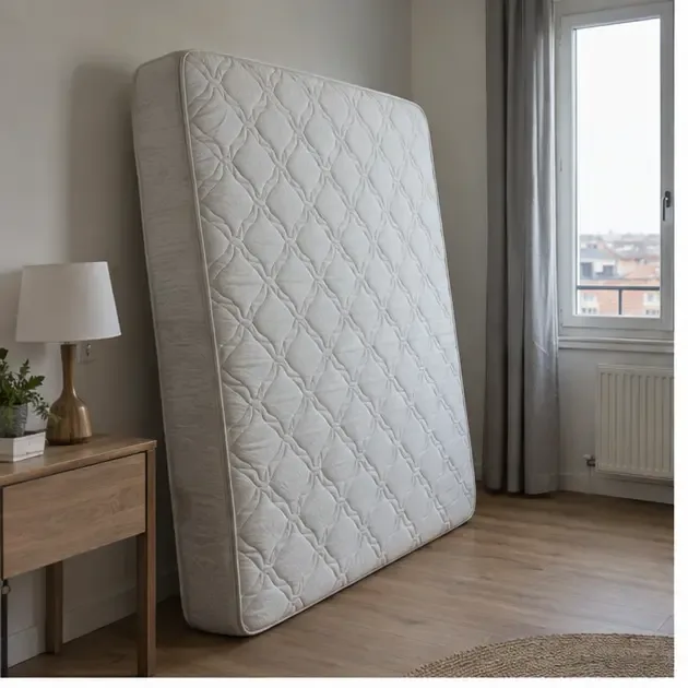 Matelas nu posé verticalement dans une chambre, sans draps ni literie autour