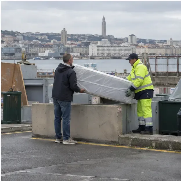 Habitant remettant un matelas protégé à un agent dans un centre de collecte situé dans un paysage urbain côtier
