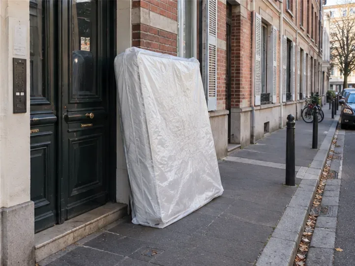 Un matelas protégé est posé près d’une entrée d’immeuble sur un trottoir en laissant un passage libre pour les piétons.