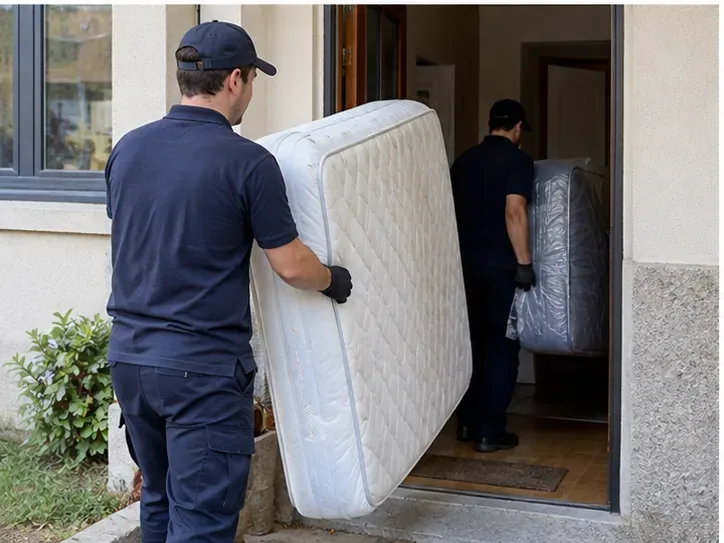 Deux agents portent un matelas depuis l’entrée d’une maison, illustrant un enlèvement d’encombrant à domicile