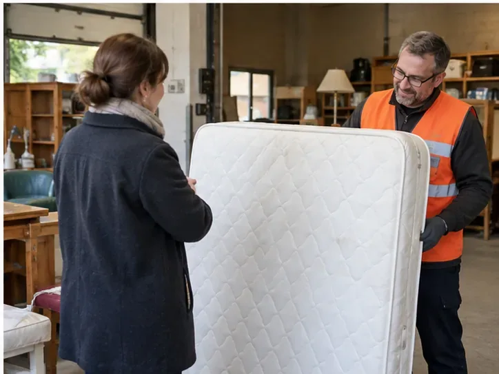 Une personne remet un matelas propre à un agent dans un espace de réemploi avec du mobilier en arrière-plan