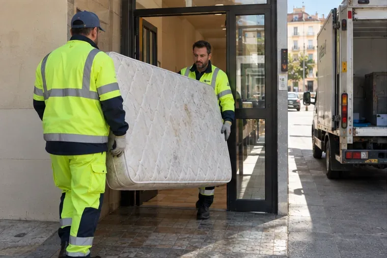Deux agents de collecte sortent un matelas d’un immeuble lyonnais vers un véhicule de collecte