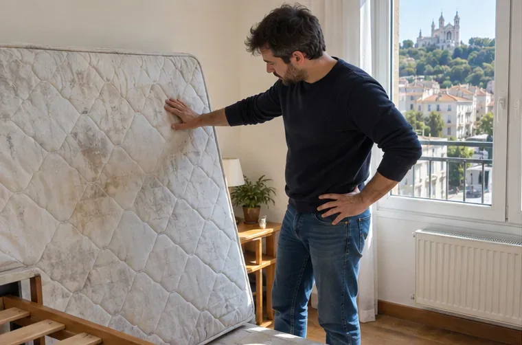 Un habitant examine un matelas usagé dressé dans une chambre avant de choisir une solution de collecte à Lyon