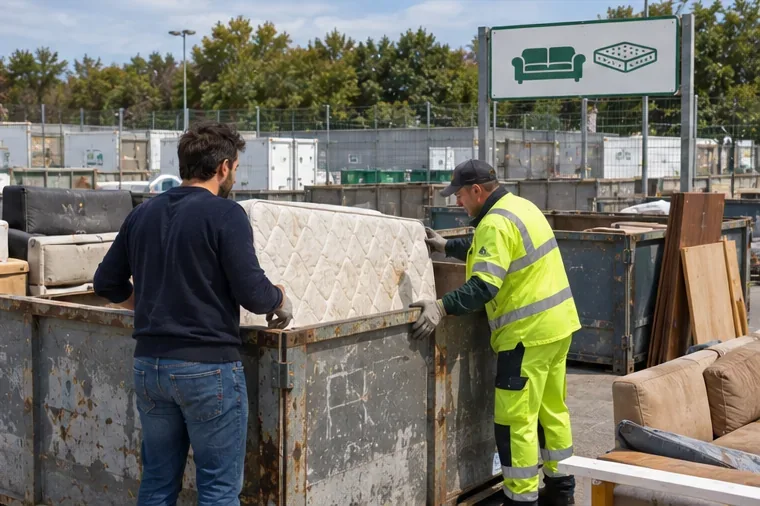 Un habitant et un agent déposent un matelas dans une benne dédiée aux meubles dans une déchèterie