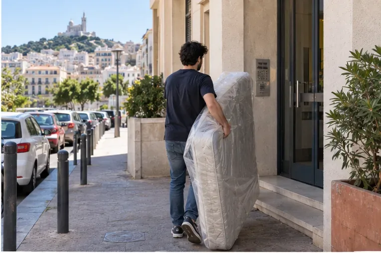 Un homme transporte un matelas protégé dans une housse devant un immeuble marseillais.