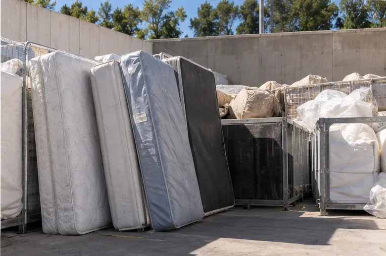 Plusieurs matelas usagés sont regroupés dans une zone de tri avant leur traitement et leur recyclage.