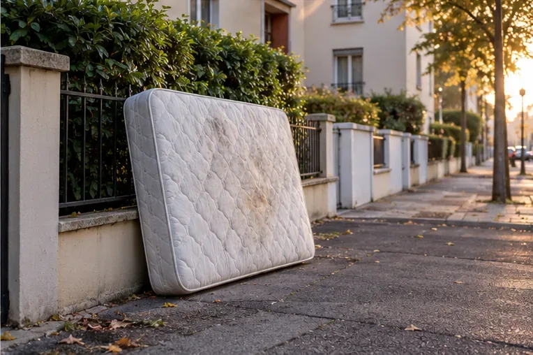 Un matelas usagé posé au sol près d’une habitation en laissant le passage libre sur le trottoir