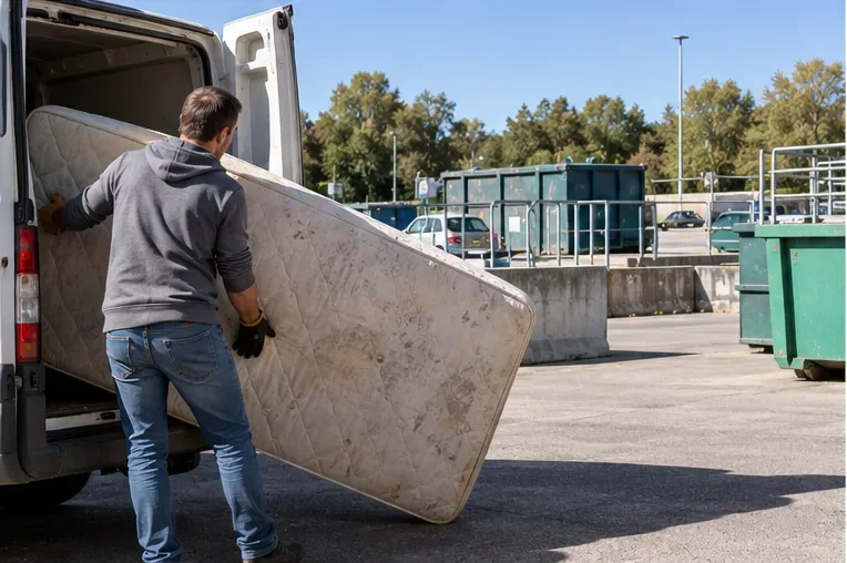 Une personne décharge un matelas usagé d’un utilitaire dans une déchèterie équipée de bennes