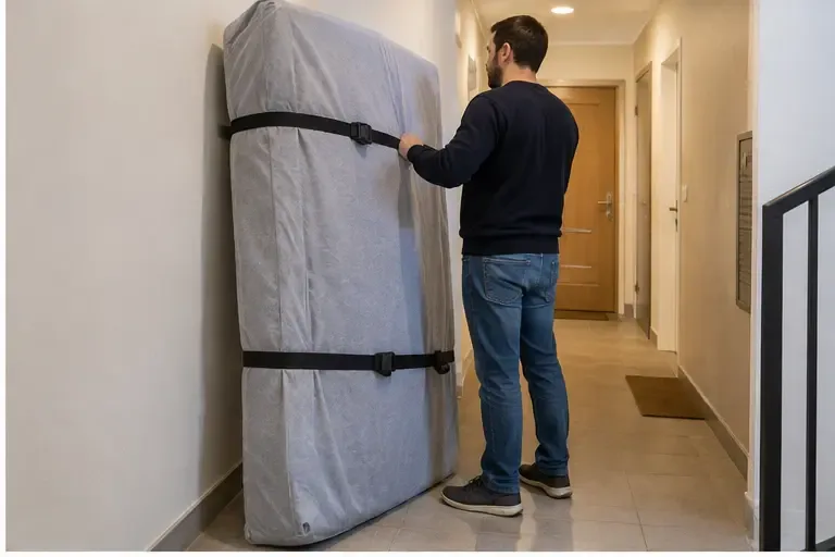 Un homme prépare un matelas protégé avec des sangles dans le couloir d’un immeuble