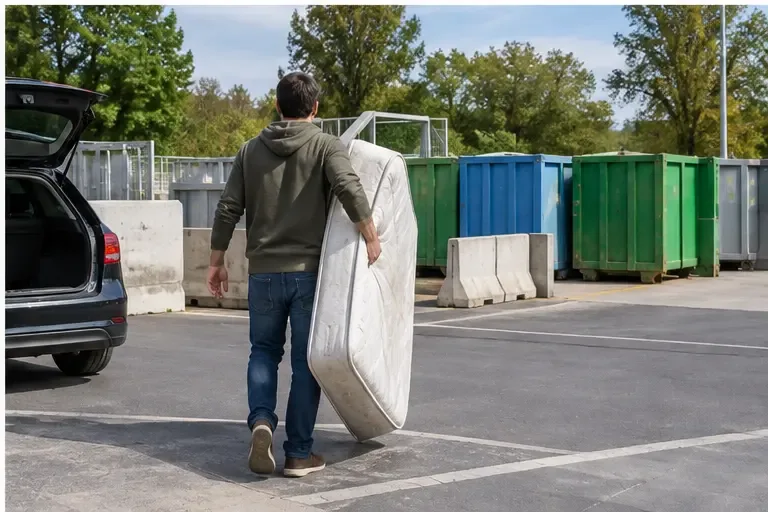 Une personne transporte un matelas vers une aire de dépôt équipée de grands conteneurs