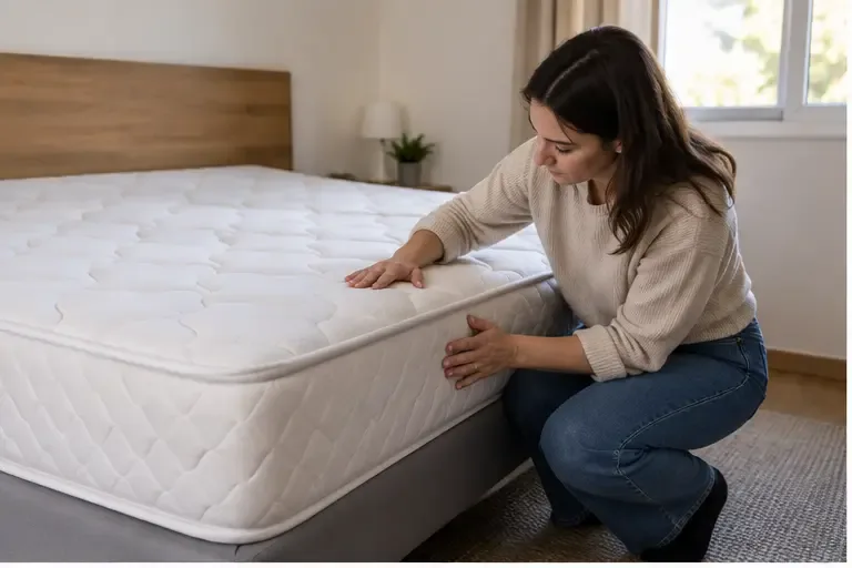 Une personne vérifie l’état propre d’un matelas dans une chambre lumineuse