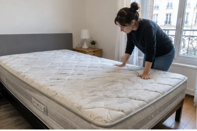 Une personne inspecte un matelas blanc dans une chambre avant de décider de son mode d’évacuation