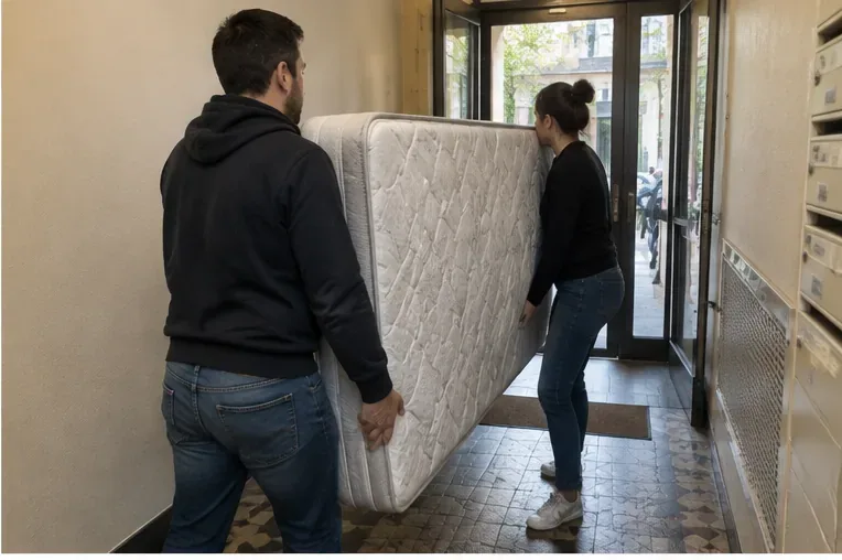 Deux adultes portent un matelas à travers le hall d’un immeuble en direction de la sortie
