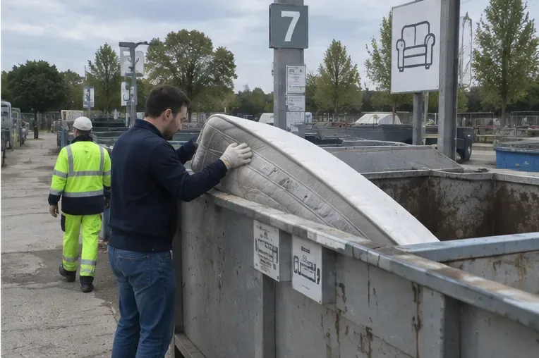 Un homme dépose un matelas dans une benne de collecte du mobilier sous le contrôle d’un agent en tenue haute visibilité