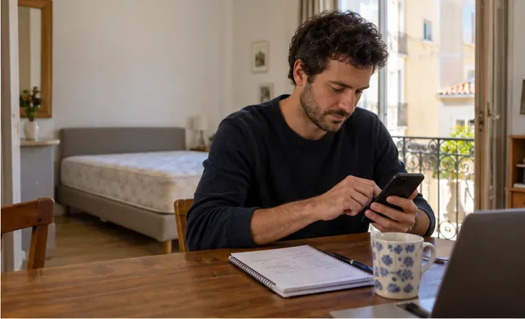 Un homme consulte son téléphone à une table avec un carnet et un matelas visible dans la pièce.