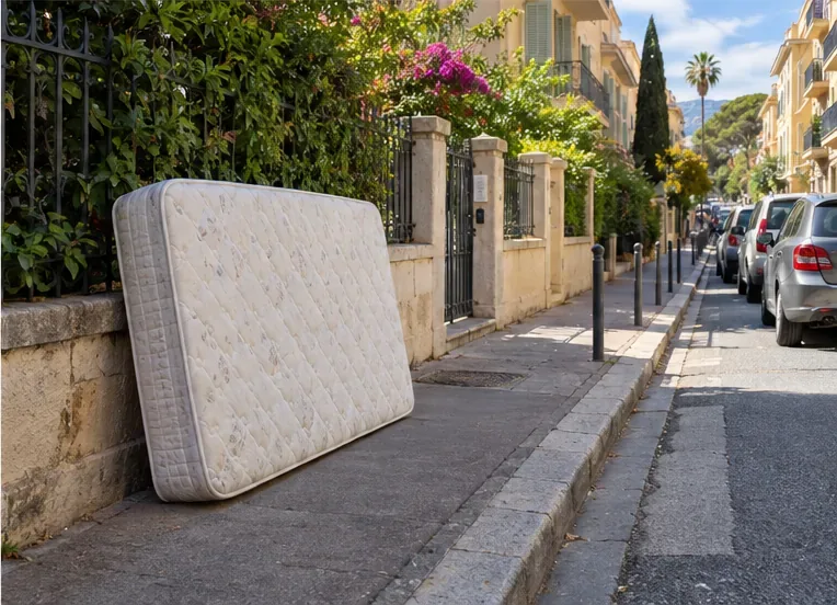 Un matelas est posé contre un mur le long d’une rue résidentielle ensoleillée.