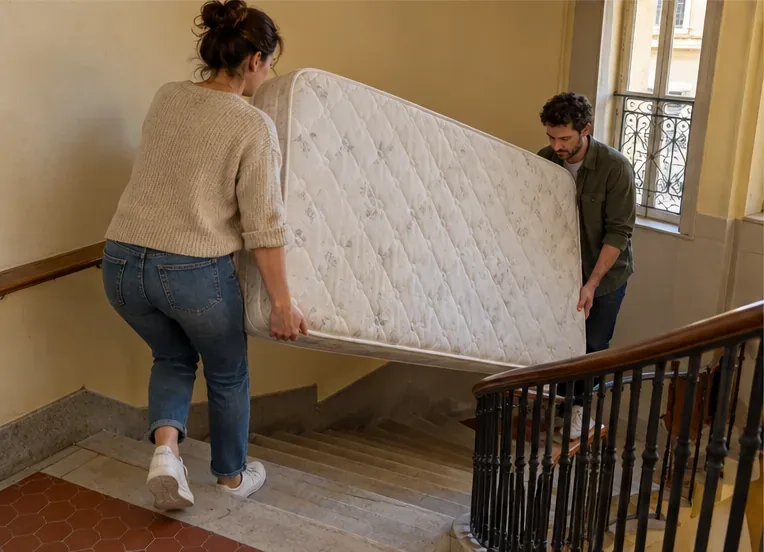 Deux adultes portent ensemble un matelas dans l’escalier d’un immeuble.