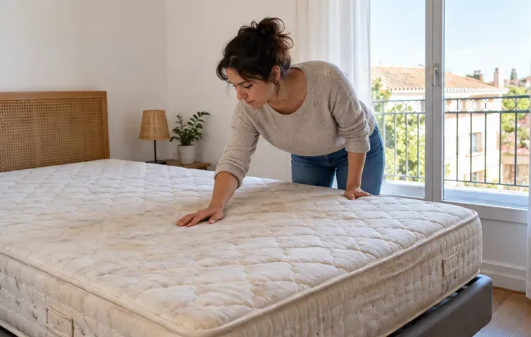 Une femme examine un matelas usagé posé sur un sommier dans une chambre lumineuse
