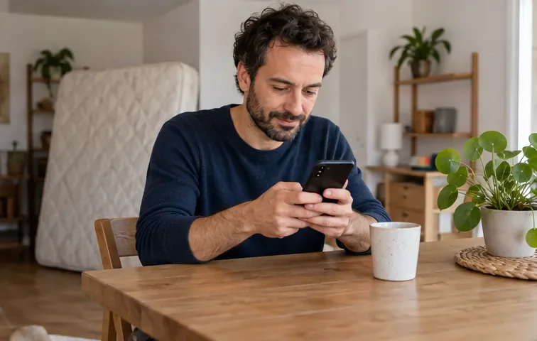 Un habitant consulte son téléphone à une table, avec un matelas visible dans la pièce voisine