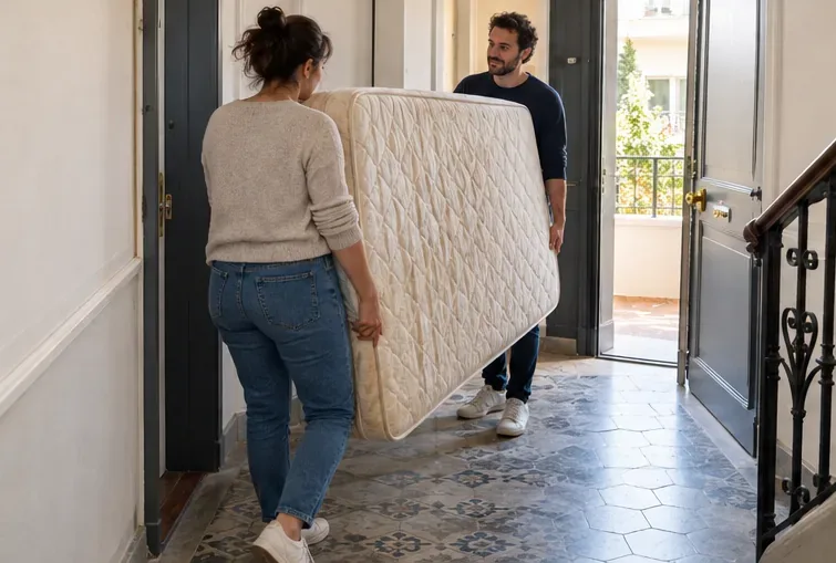 Deux adultes portent ensemble un matelas à la verticale dans le couloir d’un immeuble