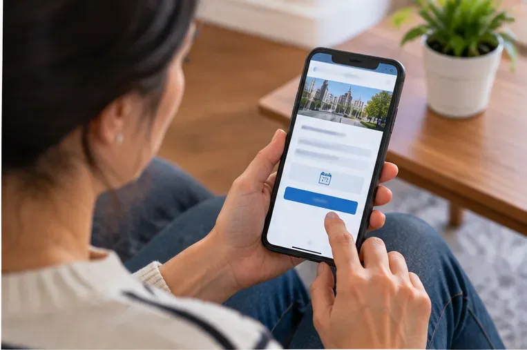 Personne utilisant un smartphone pour organiser le retrait d’un matelas encombrant