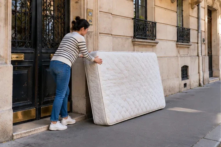 Matelas posé au pied d’un immeuble parisien juste avant une collecte programmée