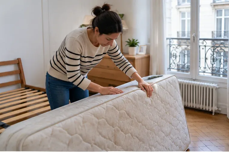 Personne examinant un matelas usagé dans une chambre parisienne avant de choisir une solution de collecte