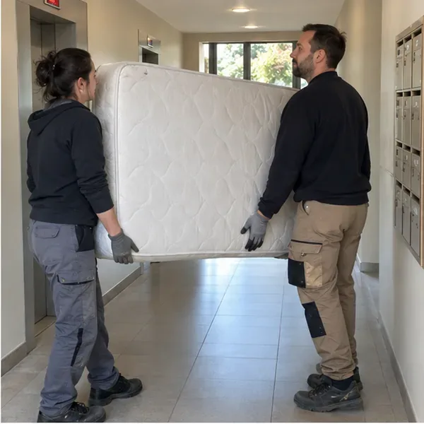 Deux personnes portant un matelas dans un couloir en le tenant par les côtés