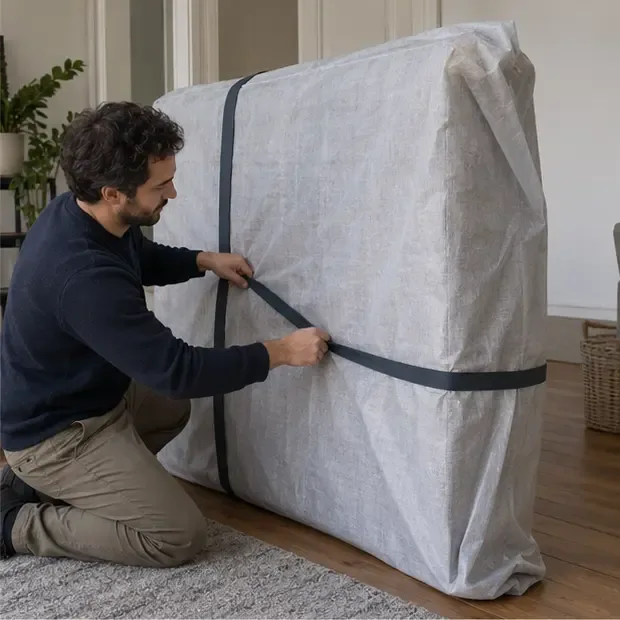 Une personne protège un matelas sec avec une housse textile et des sangles avant son transport