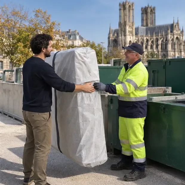Un habitant remet un matelas protégé à un agent en tenue haute visibilité près de conteneurs de collecte à Reims