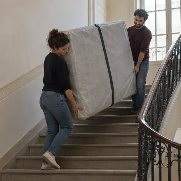 Deux personnes transportent prudemment un matelas protégé dans l’escalier d’un immeuble
